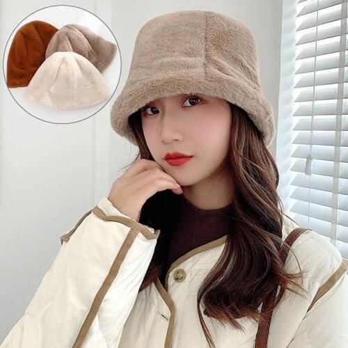 Women Girls Winter Thickened Fluffy Plush Cap Plain Solid Color Wide Brim Sun Protection Packable Outdoor Fisherman Hat