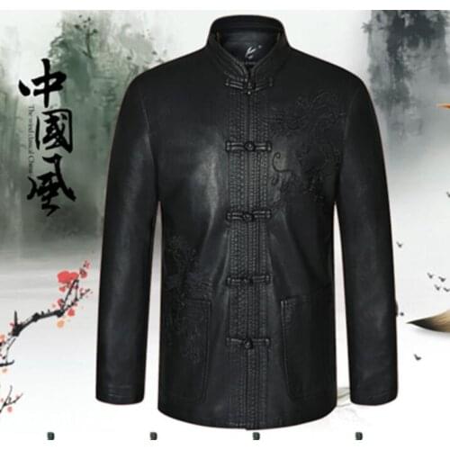 Middle-aged tang suits men leather blazer spring autumn coats mens jacket black masculino slim fit casaco jaqueta masculina b310