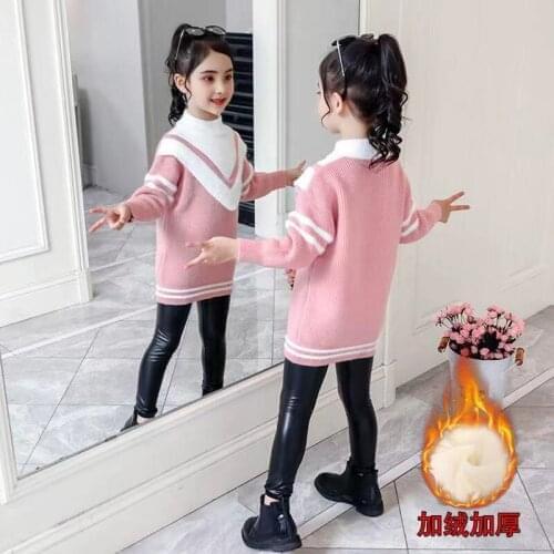 Girls Sweater Kids Coat Outwear 2021 Long Style Plus Velvet Thicken Warm Winter Autumn Knitting Tops Cotton Childrens Clothing