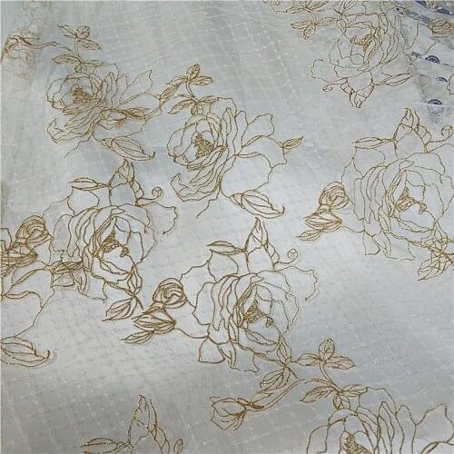 Gold Flower Fabric Off White Grid Tulle Lace For Dress, Gowns, Skirt, Costume, Veils, Jewelry Making 1 Yard Price