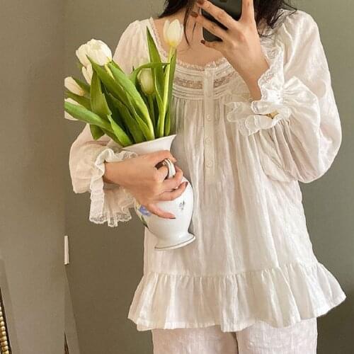 Vintage Pure Cotton Womens White Pajamas Sets Girls Loose Cute Sleepwear Suits Gifts For Lady Homewear