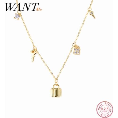 WANTME Real 925 Sterling Silver Punk Rock Pave Zircon Lock Key Chain Clavicle Charm Necklace for Women Bohemian Unique Jewelry