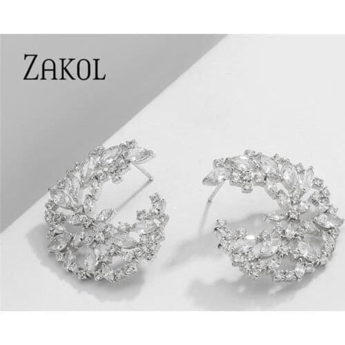ZAKOL 4 Color Luxury Marquise Cut Cubic Zirconia C shape Stud Earrings for Women Wedding Fashion Geometry Jewelry FSEP2139