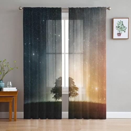 Milky Way Starry Tree Silhouette Window Curtains Bedroom Modern Drape Sheer Tulle Valances Living Room Kitchen Voile Curtain