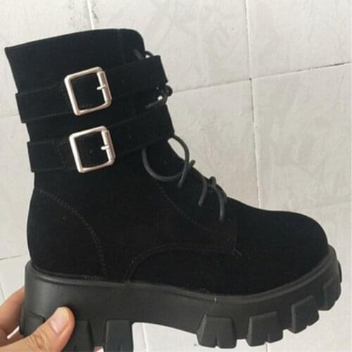 Women Low Square Heels Ankle Boots Females Two Buckles Lace Up Solid Color Flock Footwear Ladies Comfort Shoes Plus Size 35-43