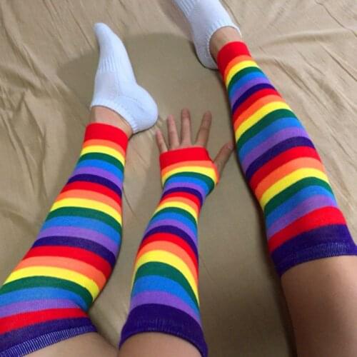 652F Womens Rainbow Stripes Over Knee Thigh High Socks Arm Warmer Fingerless Gloves Set Fancy Dress Cosplay Masquerade Party