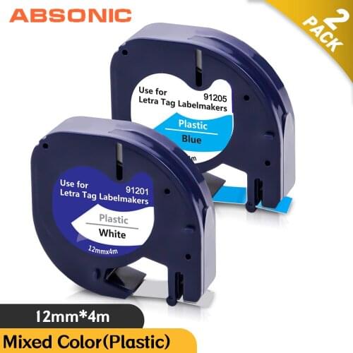 Absonic 2PK Plastic Printer Ribbon Compatible DYmo 91201 91205 Black on White Blue for Label Maker LT LT-100T LT-110H 2000 Print