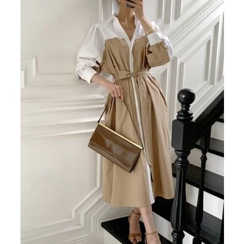 French autumn temperament elegant classic Hepburn wind to close waist fastenings long collision color shirt dress
