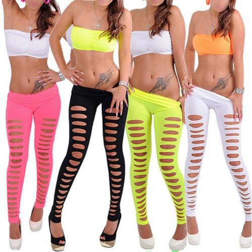 HOT Fashion Women Girls Candy Color Leggings Stretchy Skinny Sexy Slim Hole Ripped Leggings Pants