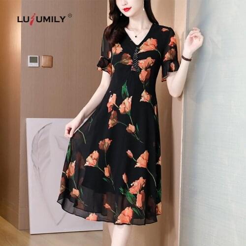 Lusumily Summer Women Dress Vintage Printed Chiffon Dresses Female Loose Plus Size Bohemian Holiday Shor Sleeve Girl Sundress