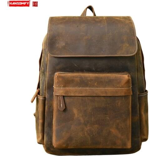 Mens Backpack Laptop Shoulder Bag Large Capacity Schoolbags European and American Cowhide Vintage Crazy Horse Leather Male Men