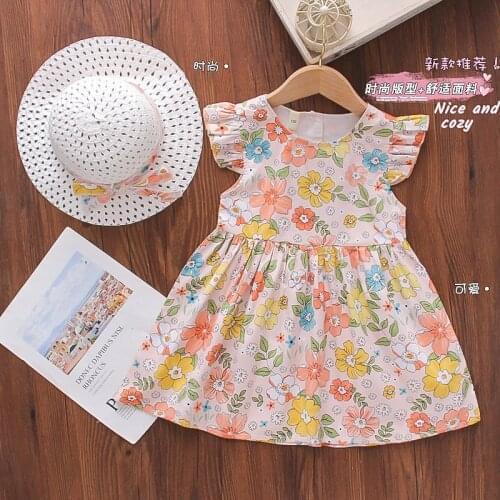 2021 New Girls Dress Flying Sleeve Print Dress Open Back Princess Dress Idyllic Lady Dress With Hat