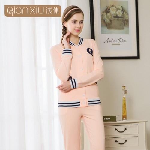 Spring Autumn Homewear Couples Casual Pajama sets Female Cotton Sleepwear suit Women Long Sleeve Baseball collar Coat & Pants