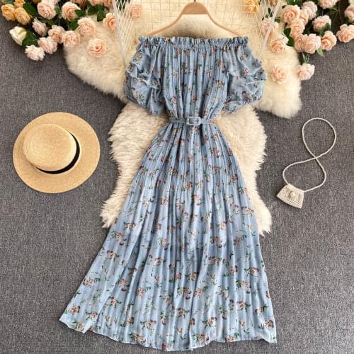 SINGREINY Women French Floral Dress Sweet Puff Sleeve Slash Neck A-line Dresses Summer Off Shoulder Boho Print Chiffon Sundress