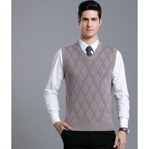 High Quality Winter Argyle Mens Slim Fit Sleeveless 100% Cashmere Wool Knitting Pullover Casual Vest V-neck Sweater