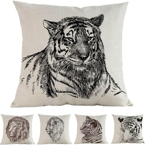 Hand Drawing African Grassland Lion Tiger King Of Beasts Linen Cotton Pillow Case Home Sofa Decoration Cushion Cover