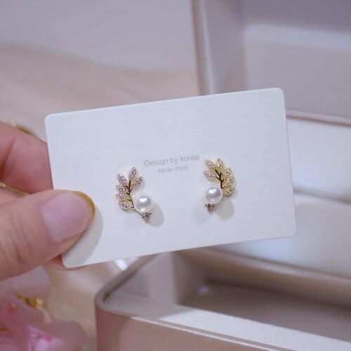 14k Real Gold Plated Fashion Jewelery Crystal Leaves Pearl Exquisite Stud Earrings for Woman Holiday Party Elegant Earring