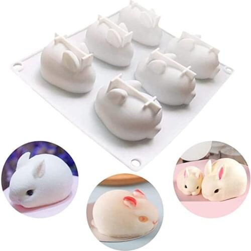 6 Cavity 3D Rabbit Mousse Cake Baking Pan Easter Day Bunny Silicone Mold for French Dessert Soap Cupcake Jelly Ice Cube Tray