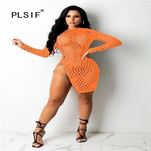 Sexy Club Sheath Mini Dress Women Solid Full Sleeve Side Split Sexy Club Party Bodycon Dresses