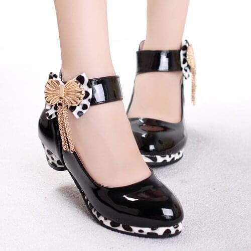 Girls Princess Shoes 2018 New Spring PU Leather Children Wedding Shoes High Heels Bowknot Dancing Kids Dress Shoes