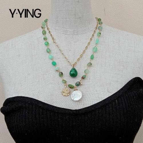 Y·YING 2 Strands Green Chrysoprase Chain statement Necklace Coin Pearl Malachite Charm