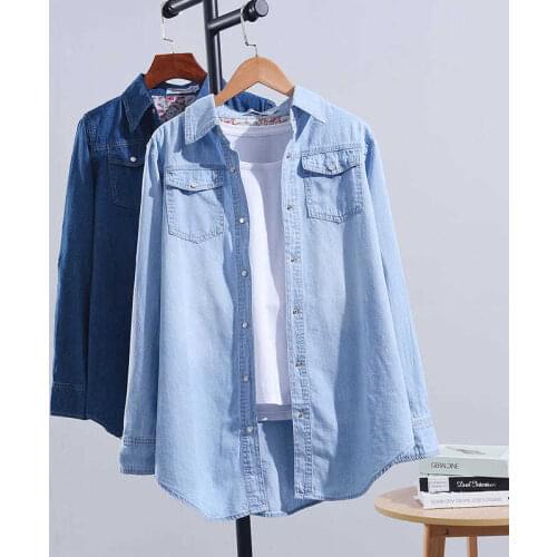 Women Fashion Denim Blue Casual Shirt Blouse Pocket Jacket Outwear Long Sleeve Button Top Mujer