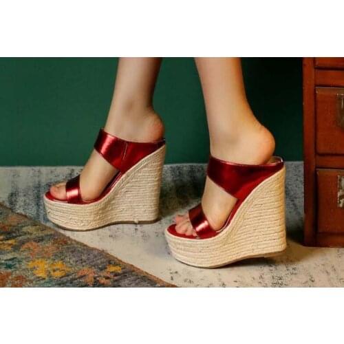 Girls Red Sliver Gold Patent Leather 12 cm Wedge Sandals Woman Slip On Waterproof Thick Sole One Line Straw Platform Shoes