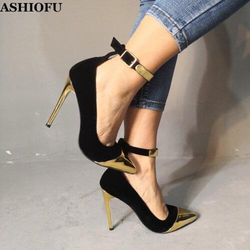 ASHIOFU Handmade Ladies High Heel Pumps Blings Ballet-toe Office Party Dress Shoes Ankle-strap Evening Fashion Court Shoes