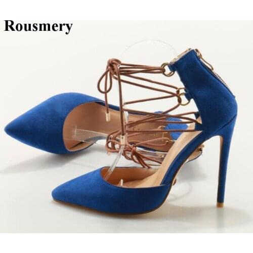 Women New Design Pointed Toe Blue Suede Leather Gladiator Pumps Lace-up Back Zipper-up High Heels Ankle Strap Dress Shoes