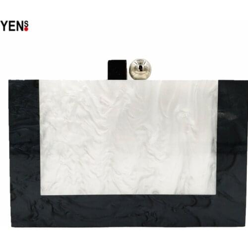 Women Elegant Acrylic Box Clutch Designer Black White Patchwork Luxury Marble Party Evening Bag Casual Handbag New Wallet Purse