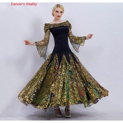 2019 New Ballroom Dance Suit Long Sleeves Top + Slide Yarn Big Swing Skirts 2Pcs Set For Women Latin Waltz Practice Costumes