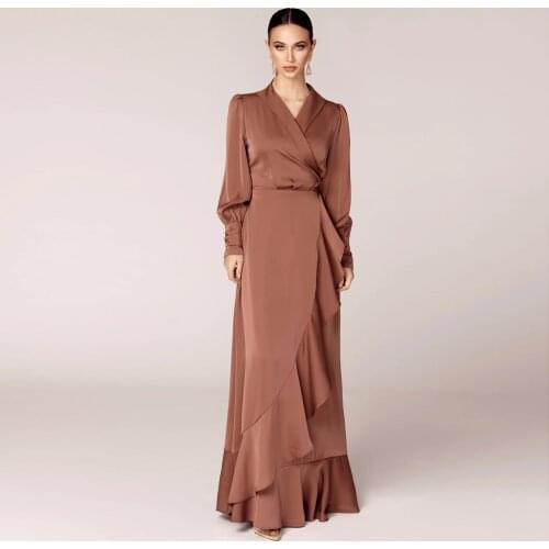 Summer Elegant Ladies Long Sleeve Ruffle Hem Satin Abaya Kimono Wrap Maxi Dress With Belt Muslim Fashion Islamic Clothing 2021