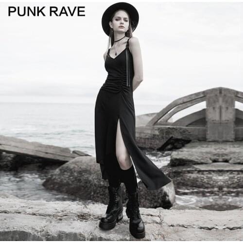 PUNK RAVE Girls Black Waist Thin Long Dress Temperament Sexy V-neck Asymmetric Knitted Split Suspender Party Club Women Dress