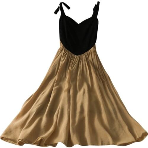 2021 Summer Womens Korean Fashion Retro Stitching V-neck High Waist Suspender Dress Mid-length Slim Casual Dress