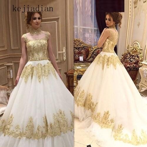 Robe De Marie Plus Size Maternity Luxury Gold Lace Wedding Dresses Arabic 2020 Appliqued Tulle High-Neck Ball Gowns Bridal