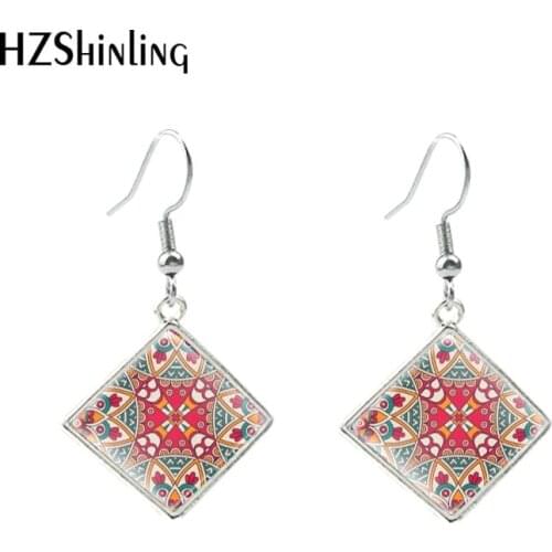 2020 Glass Mandala Flower Pattern Dangle Drop Earrings Glass Cabochon Stainless Steel Earrings Jewelry