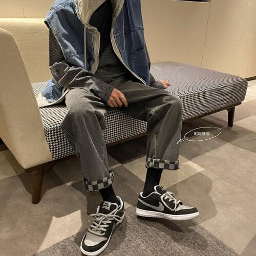 2021 Mens Plaid Printing Straight Pants Baggy Homme Jeans Black/blue Color Casual Pants Biker Denim Loose Trousers Size S-2XL