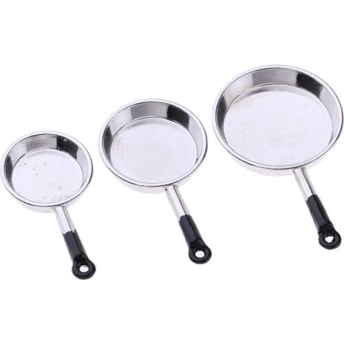 3Pcs 1/12 Dollhouse Miniature Pots and Pans Kitchen Cookware Set Toy Kitchen Cooking Accessories With Utensils Playset Silver