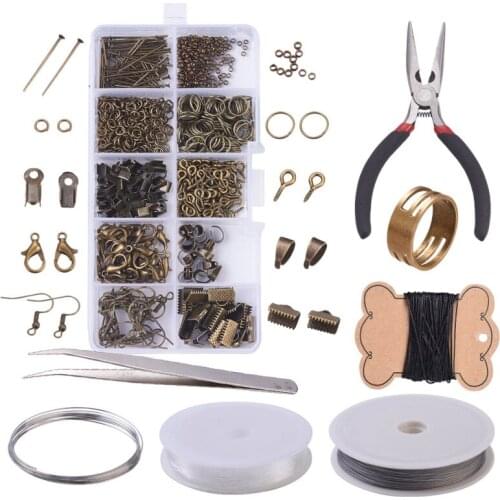 DIY Jewelry Accessories Making Kit Brass Crimp Bead Jump Ring Tail Wire Earring Hook Plier Tool Set for Handamde Earrings Supply