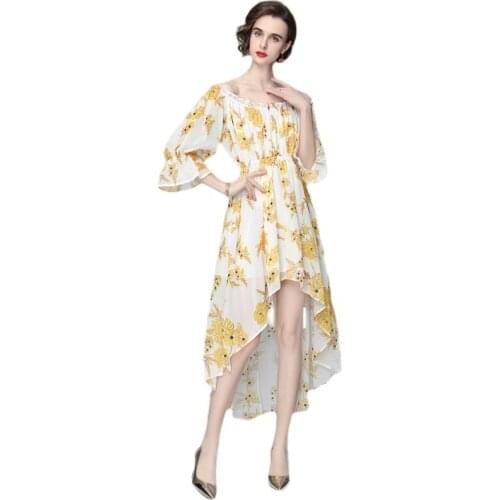 BunniesFairy French Celebrity-inspired Women Sweet Yellow Flower Floral Print Chiffon Asymmetrical Dress for Holiday Beach Wear