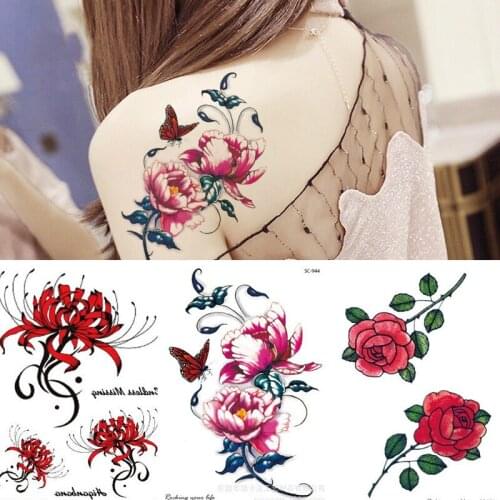 Butterfly Rose Flowers Arm Shoulder Tattoo Stickers Flash Henna Tattoo Fake Waterproof Temporary Sticker Women 150*100 Mm