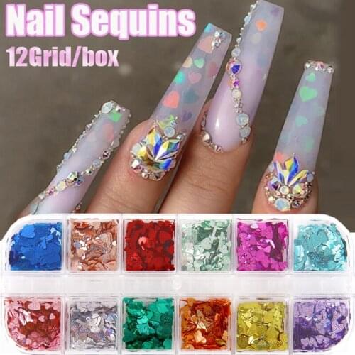 Nail Art Butterfly Love Snowflake Nail Sequins Glitter Powder Holographic Nail Powder Mirror DIY Nail Decorations 12 Grids/box