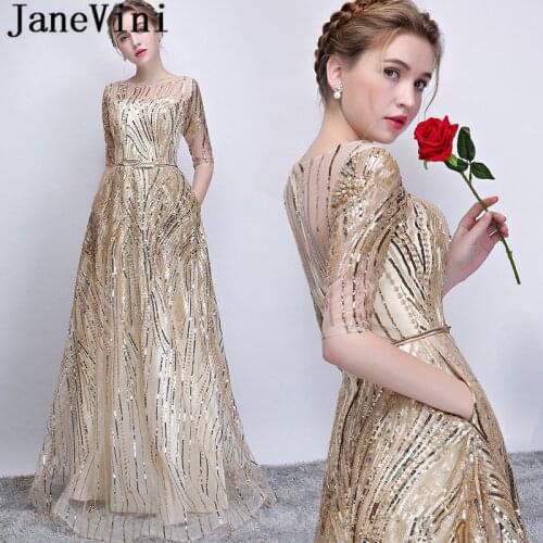 JaneVini Sparkly Gold Sequined Prom Dresses With Half Sleeves Pockets 2019 Long Gala Dress for Women Sash Ceremony Evening Gowns