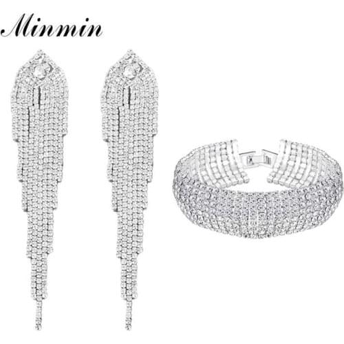 Minmin Shiny Silver Color Rhinestone Wedding Jewelry Set for Women Gorgeous Statement Tassel Earrings Bracelet Set EH1647+SL341