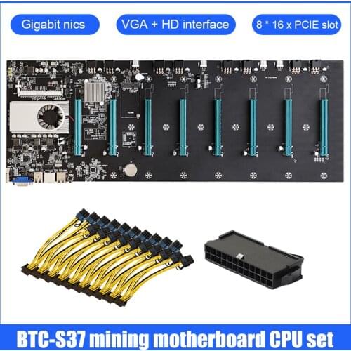 BTC-S37 Mining Machine Motherboard CPU Set 8 Graphics Card Slot + 24Pin Power Adapter + 8Pin PCIE to Dual 8 (6+2)Pin Power Cable