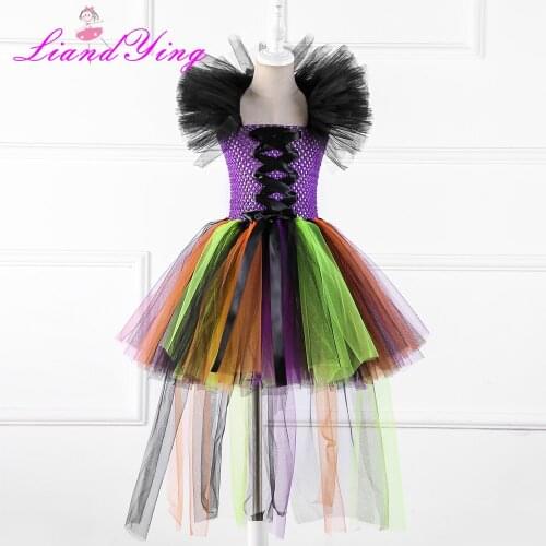 Black Girls Tutu Dress Tulle Train Girl Evening Birthday Party Dresses Kids Girl Ball Gown Dress Halloween Costume 2-12Y
