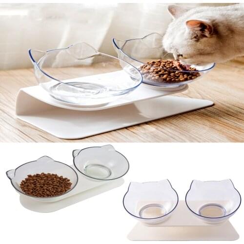 Cat Double Bowl Pet Non-slip Food And Water Bowls With Raised Stand Protection Cervical Transparent Dog Feeders Pet Supplies