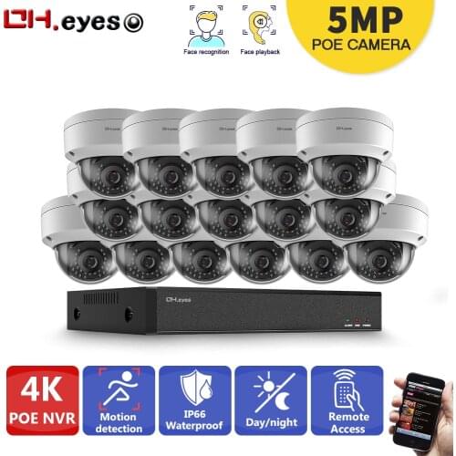 H.265 5MP Dome Outdoor IP66 Weatherproof POE Security Camera System 4K 8CH 16CH Security NVR With 16pcs 5MP Video Cameras Kits