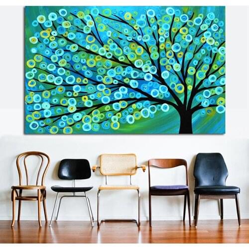 JQHYART Oil Painting Canvas Art Blue Gold Abstract Tree Paintings For Living Room Wall No Frame Decorative Pictures