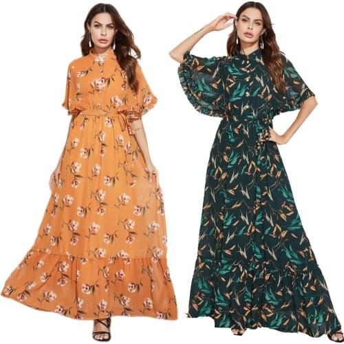 Summer Women Boho Long Maxi Dress Muslim Abaya Print Party Gown Kaftan Batwing Sleeve Chiffon Cocktail Islamic Clothing Jilbab